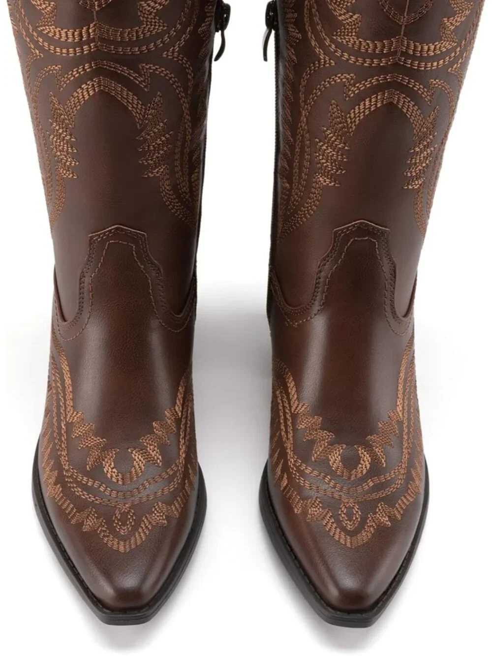 Women's Brown Leather Square Toe Embroidery Western Mid Calf Cowgirl Boots - Picture 4 of 6